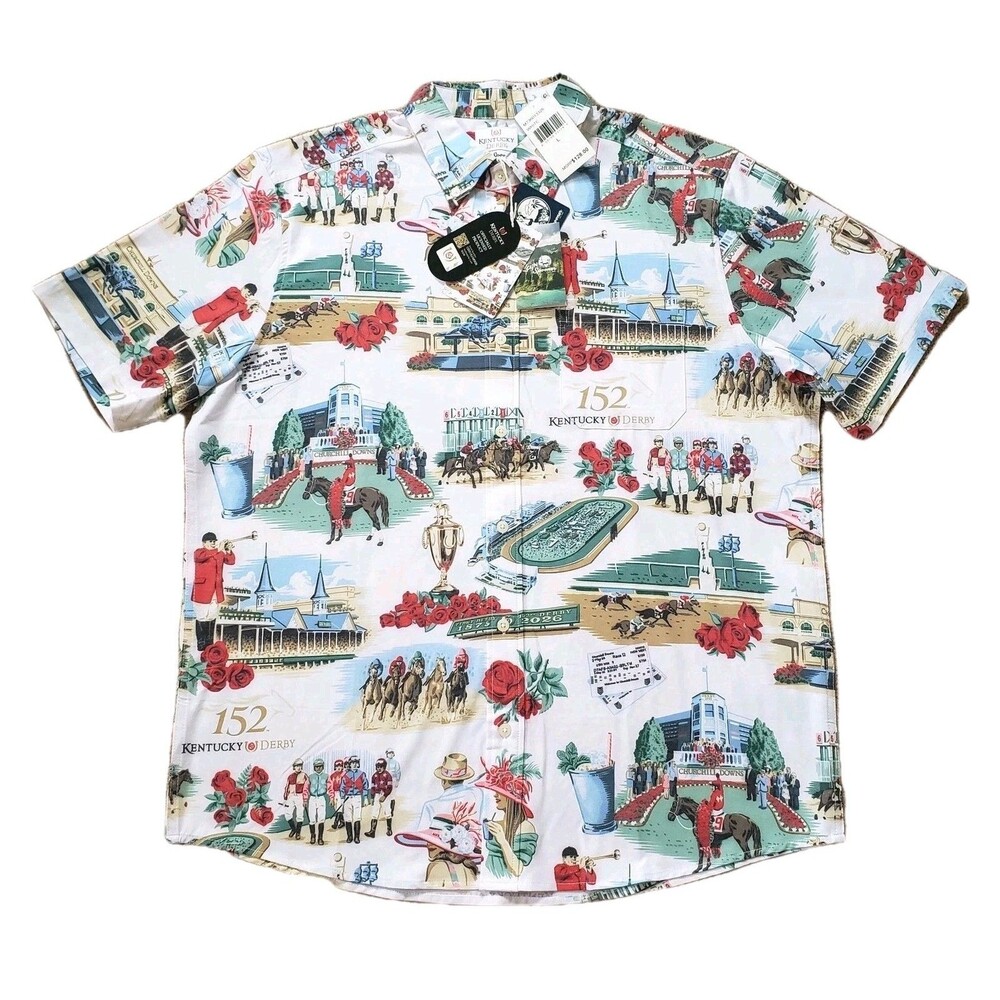 NWT Reyn Spooner X Kentucky Derby 152nd Sz Large Mens White Button Down Hawaiian